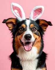 A funny dog with bunny ears on a carnival headband. A cute Easter card