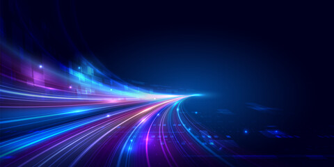 Abstract futuristic digital technology background with glowing speed light trails and data flow on dark blue background. Right copy space for banner and digital transformation concept. Vector eps10. © Phantip