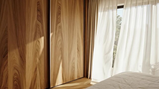 The scene features wooden cabinets in a softly lit room. Sheer curtains allow natural light to fill the cozy space, enhancing the warm wood tones.
