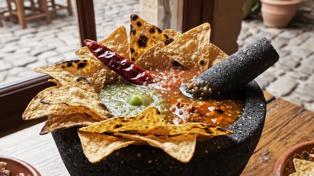 Mexican Salsa and Tortilla Chips Served in Authentic Molcajete, Close Up