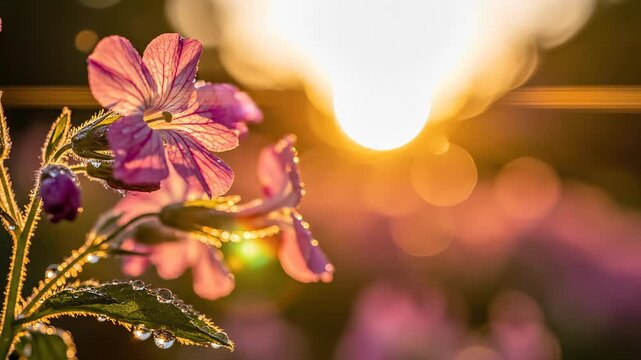 Beautiful flowers bloom at sunrise. Soft petals glisten with morning dew. Nature awakens to stunning golden light. Peaceful atmosphere captures essence of tranquility.
