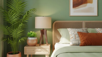 Modern bedroom interior design with a cozy bed, stylish decor, and lush green houseplants, creating a peaceful, inviting atmosphere