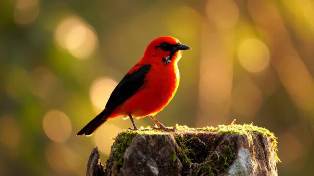 Vibrant red bird perched on mossy log. Natural habitat showcases bird's beauty and elegance. Gentle sunlight highlights colorful feathers and serene atmosphere.
