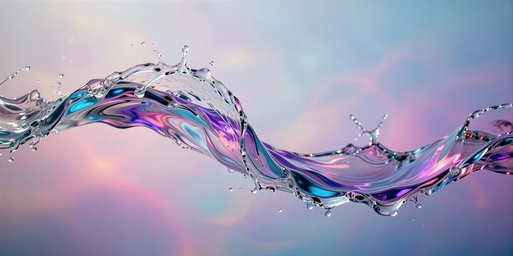 Water splash flows in a dynamic wave across a colorful background. Water liquid features vibrant purple and blue reflections. Water droplets scatter around the fluid movement.