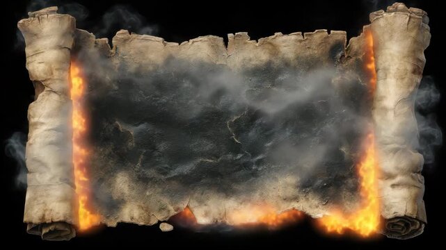 Burning ancient parchment scorched center smoke rolled edge fire ash dramatic fantasy background evoking danger mystery burning parchment scroll charred edges ancient paper fire damage vintage