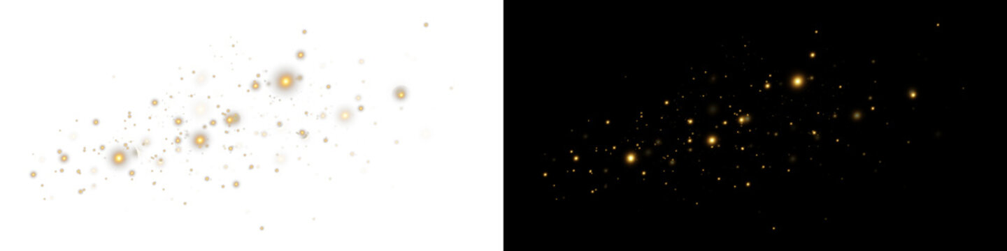 Gold dust on transparent background, scattered gold dust, glitter light effect,sparkling overlay