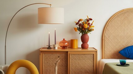 A stylishly decorated bedroom corner featuring a modern lamp, cabinet, and vase with flowers