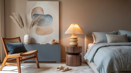 Serene Bedroom Retreat Modern Minimalist Decor with Soft Blue Accents and Abstract Art