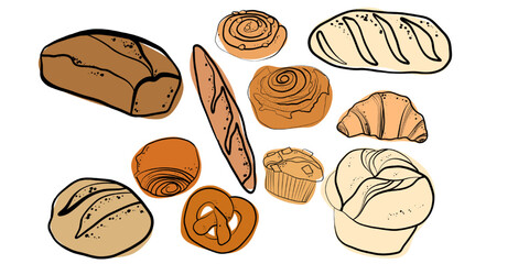 Bakery Bread and Pastry Set &ndash; Hand Drawn Vector Illustration