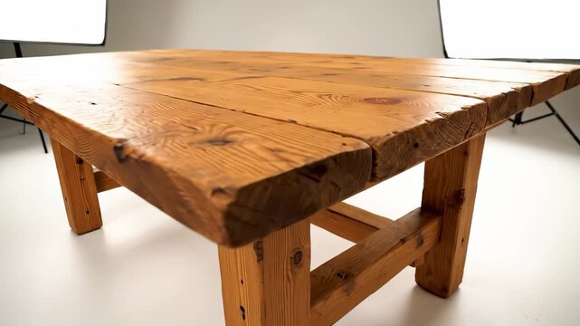The wooden table is placed in a well-lit studio. This sturdy table features a natural finish and prominent grain patterns, enhancing its rustic appeal.