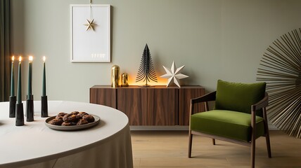 A chic and modern minimalist living room featuring a green velvet armchair and a festive holiday table setting