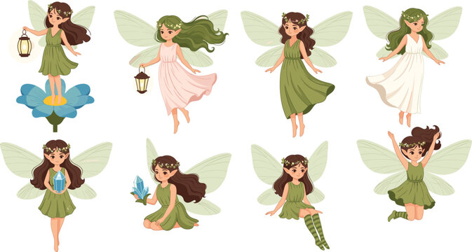 Cute fairy girl character collection with wings, magic poses and fantasy cartoon vector illustration