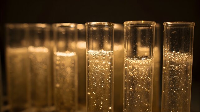 Close up of clear glass test tubes filled with a bubbly golden liquid against a dark background evoking scientific research