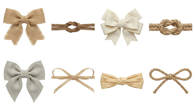 Rustic bow and knot set including burlap, linen, cotton, jute rope, twine, raffia, and string styles isolated. Natural decoration for gift wrapping and craft design.