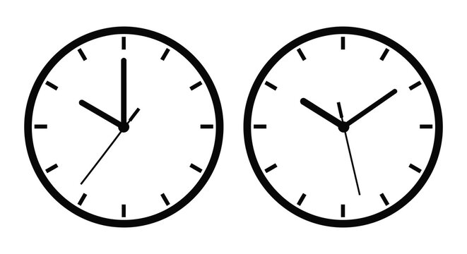 Two circular clocks display different times with the left showing six o clock and the right showing approximately ten past two silhouette