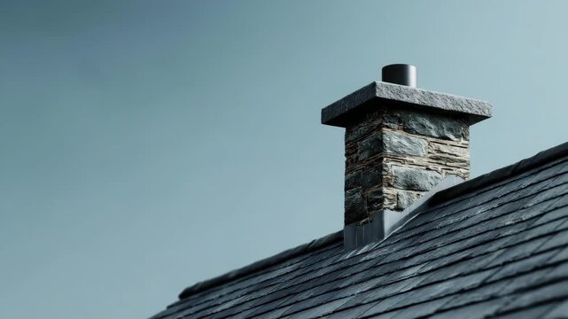 Stone chimney rising from slate roof against moody cloudy sky, weathered masonry and roofing texture rooftop stone roof shingle vent cap exterior detail conveying calm minimal composition