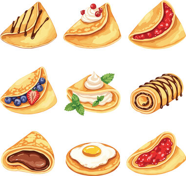 Sweet crepe dessert collection with chocolate, fruit, cream and jam fillings vector illustration