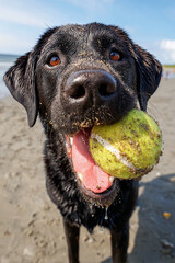 ビーチでボールをくわえる黒いラブラドール
