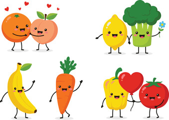 Cute fruits and vegetables cartoon characters expressing love friendship and happiness vector illustration