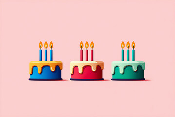 Naklejka premium Three Colorful Birthday Cakes with Lit Candles on Pink Background, Festive Celebration Concept, Studio Shot