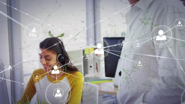 Animation of network of connections with icons over diverse business people using vr headsets