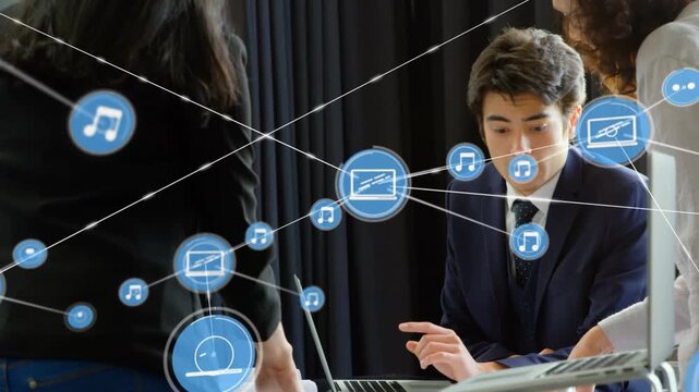 Global networking concept with repeated businesswoman and network imagery.