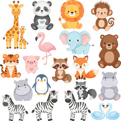 Fototapeta premium Cute baby animals collection with safari jungle and zoo cartoon characters for kids vector illustration