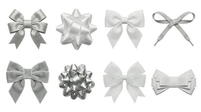 White and silver ribbon bow set including satin, velvet, organza, and cord styles isolated. Elegant gift wrapping and holiday decor collection.