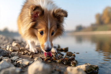 清流の水を飲むシェットランドシープドッグ
