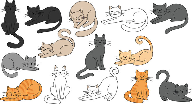 Cute cat character collection with sitting, sleeping and stretching poses cartoon vector illustration