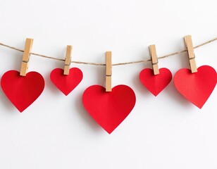 Red paper hearts hanging on a thread with clothespins. Garland on a white background. Valentine's Day decor. Space for text