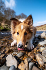 清流の水を飲むシェットランドシープドッグ
