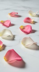 Rose petals on white table with water droplets in the middle petals.