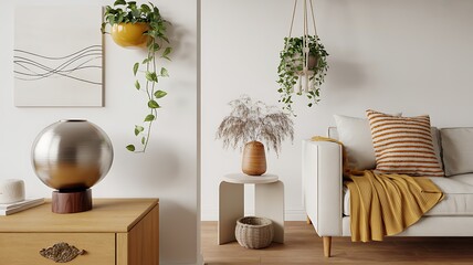Modern living room interior with cozy sofa, warm throw, minimalist decor, and diverse green plants, creating a tranquil Scandinavian-style home