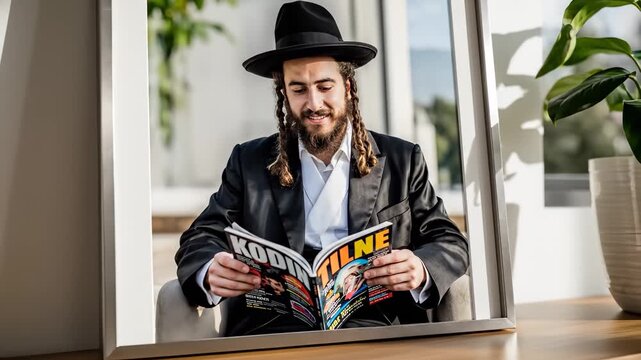 A man with long hair and a hat sits reading a magazine. The man is framed by a stylish background featuring plants and modern decor.