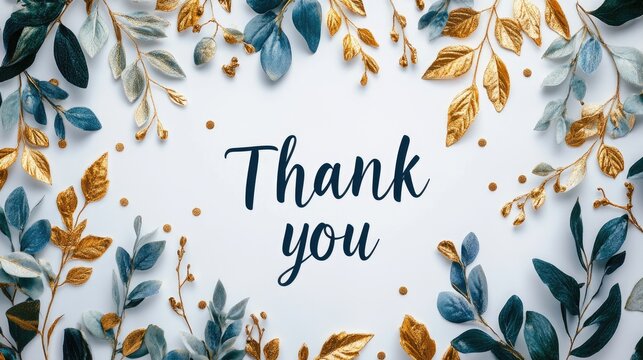 A postcard with the inscription "Thank you" and a frame of decorative leaves. A poster with the text "Thank you."