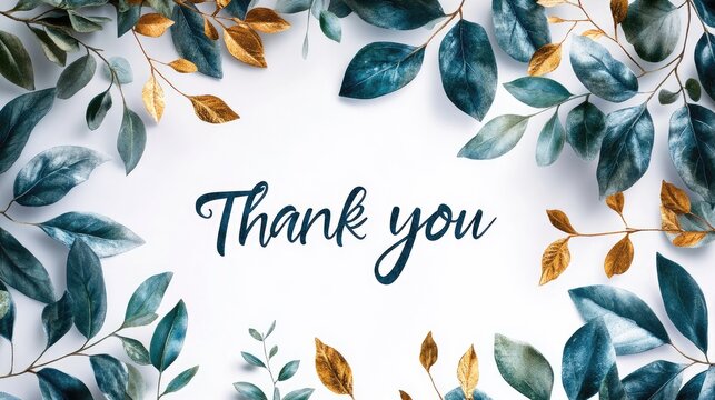 A postcard with the inscription "Thank you" and a frame of decorative leaves. A poster with the text "Thank you."