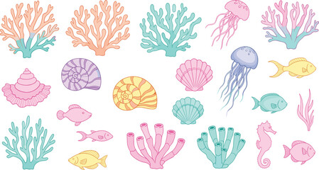 Cute pastel ocean elements collection with coral, shells, fish and jellyfish cartoon vector illustration © EdGe Creative