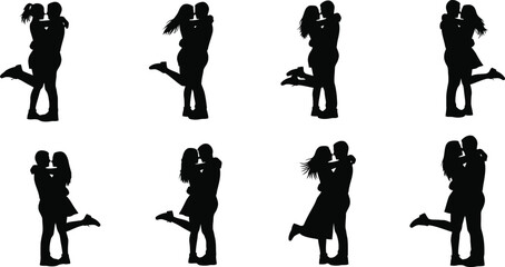 Obraz premium Silhouettes of couples dancing and embracing in various romantic poses