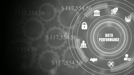 Data performance dashboard with gears and on gray background financial data
