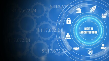 Obraz premium Digital architecture concept with blue background and white gears dollar signs