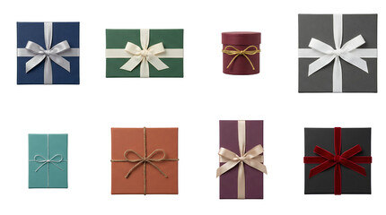 Fototapeta premium Assorted gift box set including colorful square, round, and rectangular containers with satin, velvet, and cord bows isolated. Holiday presents and celebration packaging collection.