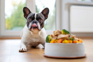 おいしいごはんを前に待つフレンチブルドッグ

