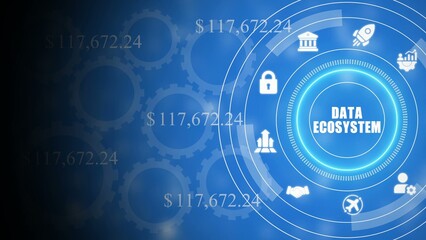 Obraz premium Blue data ecosystem infographic with and dollar amounts blue background white gears