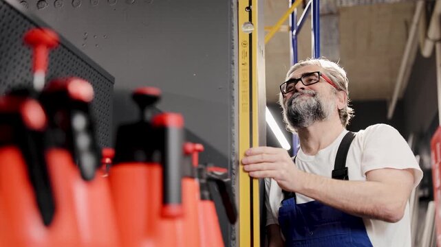 Builder man with a beard and glasses carefully measuring a structure's plumbness with a spirit level tool