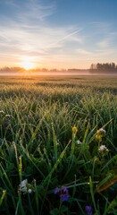 Field with grass and flowers in the fore sun setting in the.