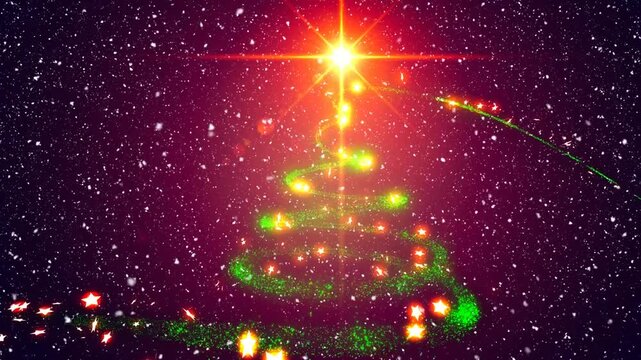 Animation of snow falling over christmas neon decoration on black background