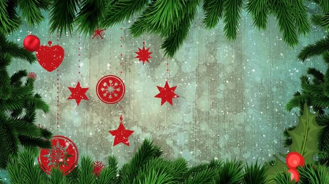 Animation of fir tree frame over snow falling