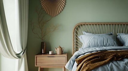 Earthy Tones and Natural Textures A Serene Bedroom Oasis Featuring Soft Curtains, a Wooden Headboard, and Cozy Bedding