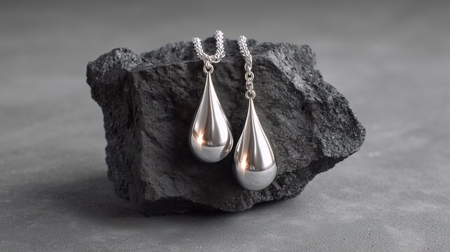 Modern Silver Teardrop Earrings on Black Stone